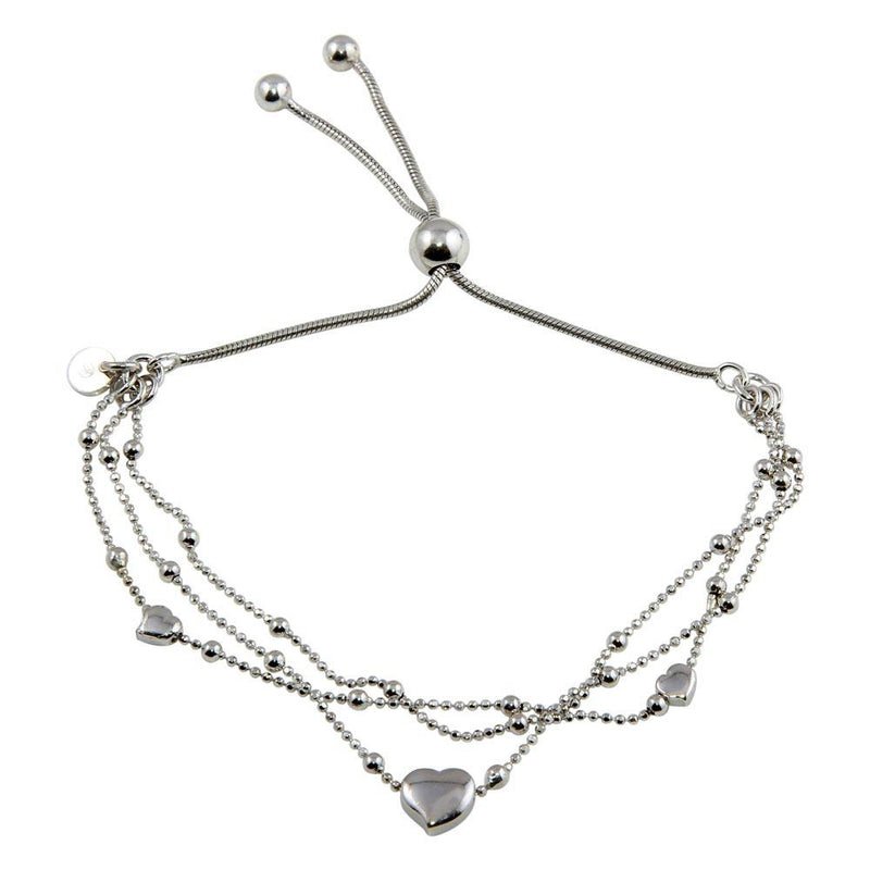 Silver 925 3 Toned Plated Multi Chain Hearts Beaded Lariat Bracelet - ECB00126 | Silver Palace Inc.