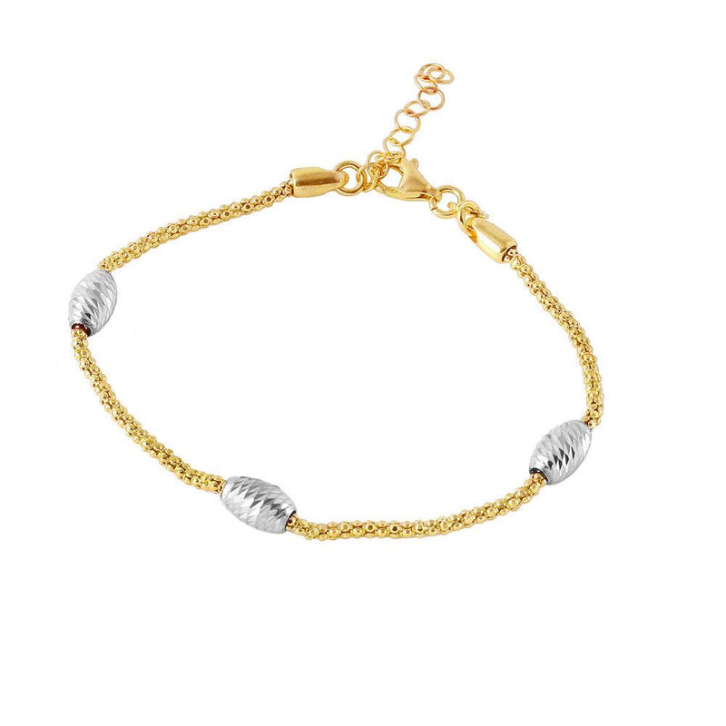 Silver 925 Gold Plated Pop Corn Chain Italian Bracelet with Oval Bead Accents - ECB00129GP | Silver Palace Inc.