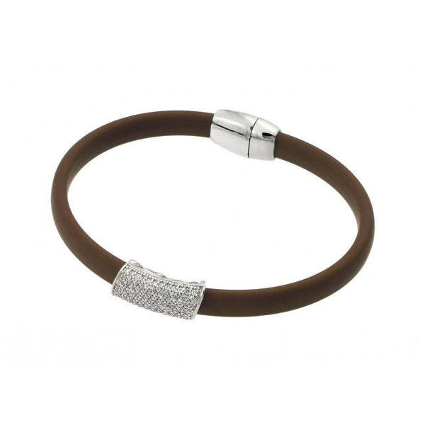 Closeout-Silver 925 Rhodium Plated Clear Micro Pave CZ Brown Rubber Bracelet - ECB013RH | Silver Palace Inc.