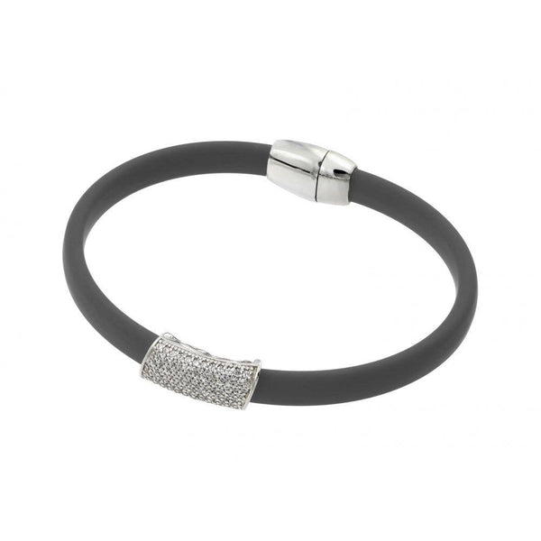 Silver 925 Rhodium Plated Clear Micro Pave CZ Grey Rubber Bracelet - ECB014RH | Silver Palace Inc.