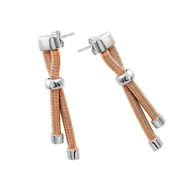 Silver 925 Rhodium and Rose Gold Plated Double Long Dangling Stud Earrings - ECE003RGP | Silver Palace Inc.