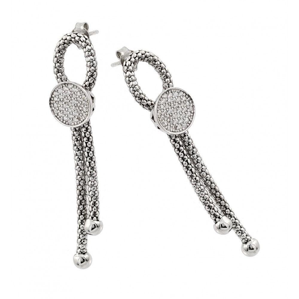 Silver 925 Rhodium Plated Dangling Ribbon Center Circle CZ Inlay Dangling Stud Earrings - ECE010RH | Silver Palace Inc.
