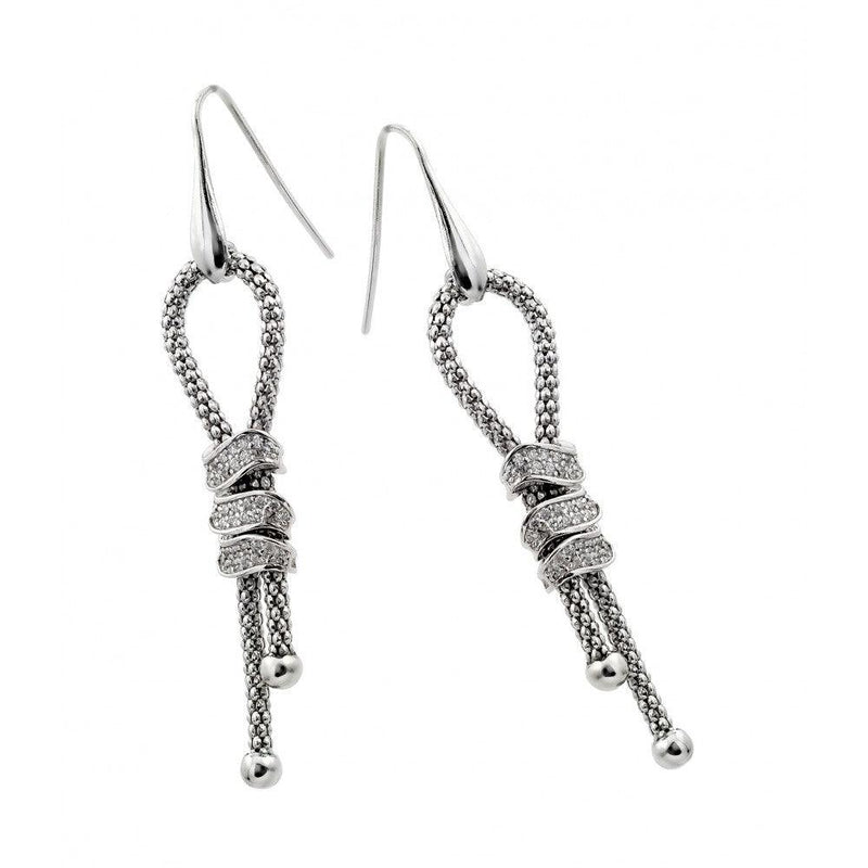 Silver 925 Rhodium Dangling Ribbon Center Rectangular CZ Inlay Dangling Hook Earrings - ECE011RH | Silver Palace Inc.
