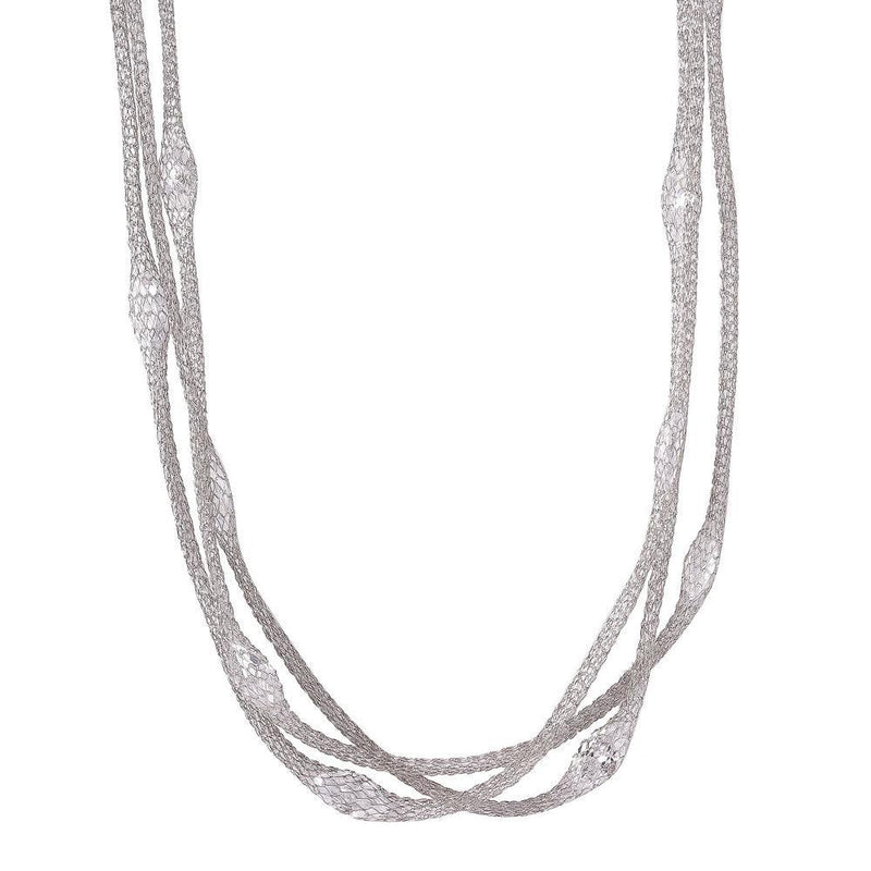 Closeout-Silver 925 Rhodium Plated Triple Strand Mesh Necklace Filled with Marquise CZ - ITN00050RH | Silver Palace Inc.