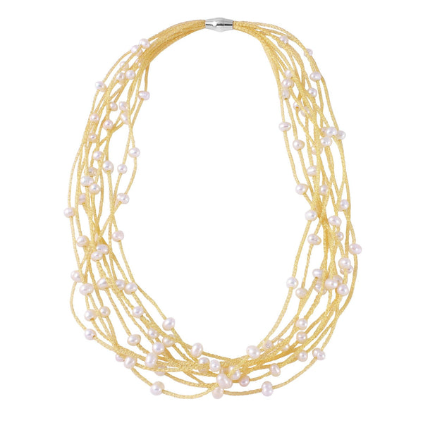 Silver 925 Gold Plated Multi Strand With Fresh Pearl Accent Necklace - ECN00018RY | Silver Palace Inc.