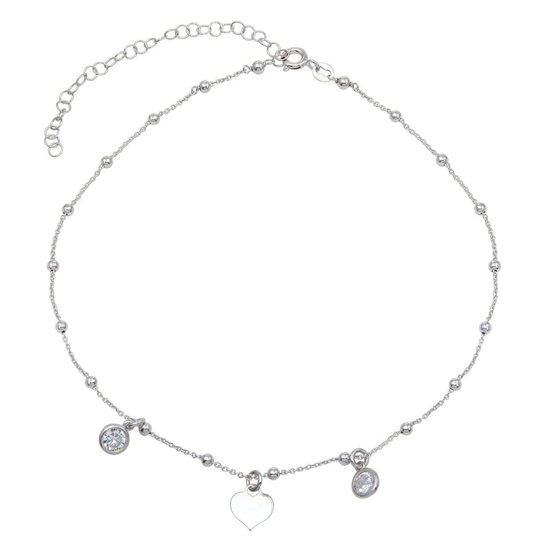 Silver 925 Rhodium Plated Beaded Heart with CZ Chain Necklace - ECN00033RH | Silver Palace Inc.