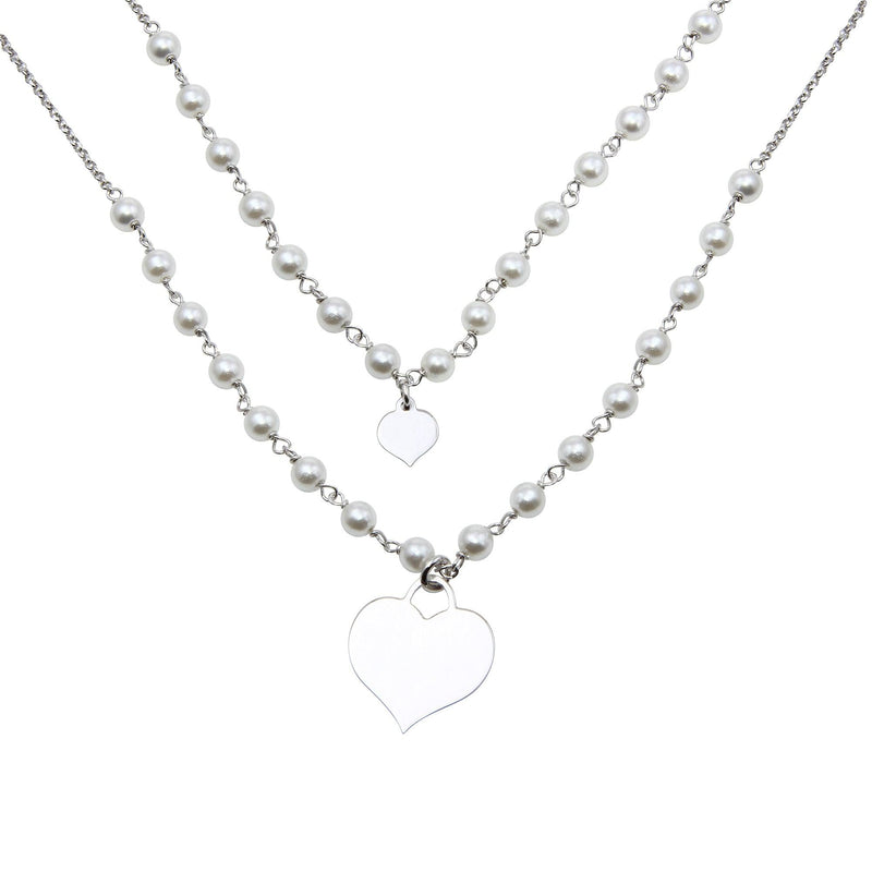 Silver 925 Rhodium Plated Double Chain Synthetic Pearl and Heart Pendant Necklace - ECN00034RH | Silver Palace Inc.