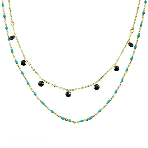Silver 925 Gold Plated Double Chain Dangling Black CZ with Turquoise Beads - ECN00055GP | Silver Palace Inc.