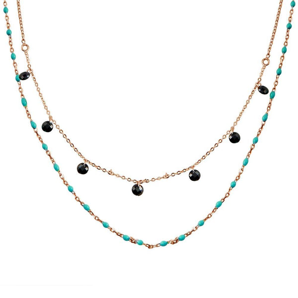Silver 925 Rose Gold Plated Double Chain Dangling Black CZ with Turquoise Beads - ECN00055RGP | Silver Palace Inc.