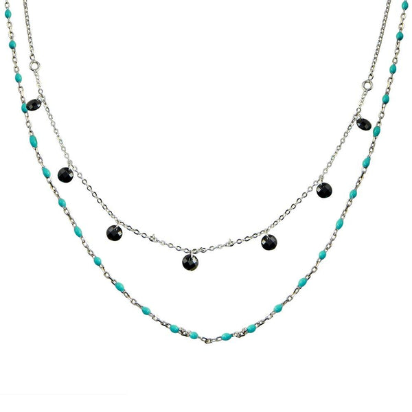 Silver 925 Rhodium Plated Double Chain Dangling Black CZ with Turquoise Beads - ECN00055RH | Silver Palace Inc.