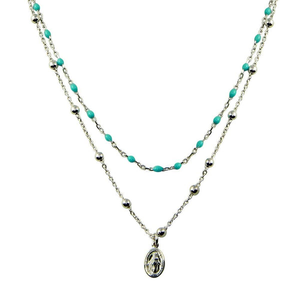 Silver 925 Rhodium Plated Double Chain Medallion Charm Turquoise Beads Necklace - ECN00056RH | Silver Palace Inc.
