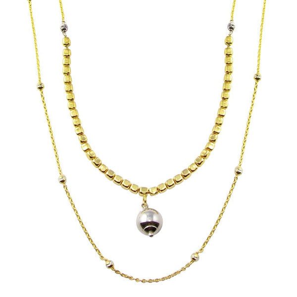 Silver 925 Gold Plated Multi Chain Cube and Bead Necklace - ECN00059GP | Silver Palace Inc.