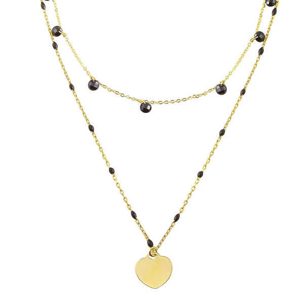 Silver 925 Gold Plated Multi Chain Black CZ Enamel Beaded Heart Necklace - ECN00063GP | Silver Palace Inc.
