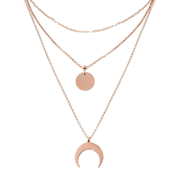 Silver 925 Rose Gold Plated Multi Chain White Enamel Beaded Disc and Crescent Necklace - ECN00065RGP | Silver Palace Inc.