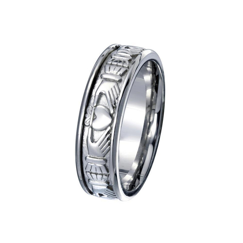 Men's Sterling Rhodium Plated 925 Sterling Silver Claddagh Band 6.5mm - EWR00006 | Silver Palace Inc.
