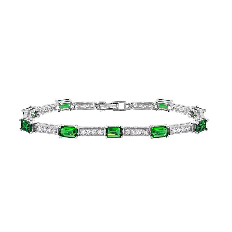 Silver 925 Rhodium Plated Multi Square Clear and Green CZ Tennis Bracelet - GMB00032RH-GREEN | Silver Palace Inc.