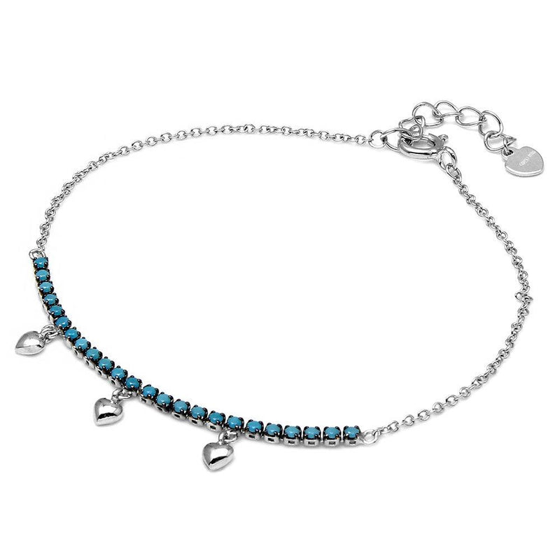 Silver 925 Rhodium Plated Turquoise Stones with Hanging Hearts Bracelet - GMB00041BLK-T | Silver Palace Inc.