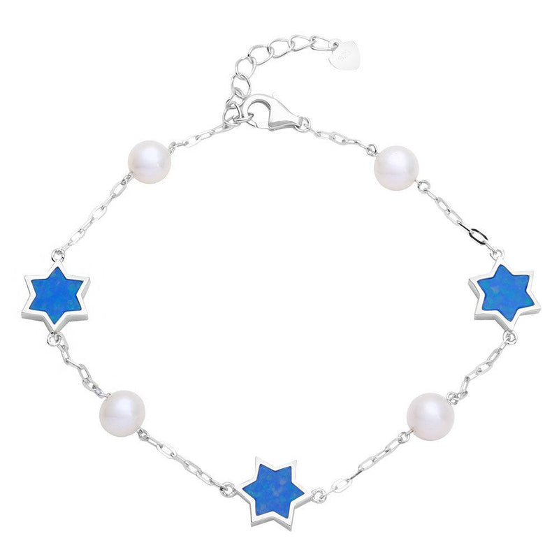 Silver 925 Rhodium Plated Fresh Water Mother of Pearl with Blue Enamel Star Bracelet - GMB00043RH | Silver Palace Inc.