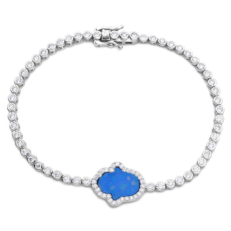 Silver 925 Rhodium Plated Round CZ Tennis Bracelet with Blue Enamel Hamsa - GMB00045RH | Silver Palace Inc.