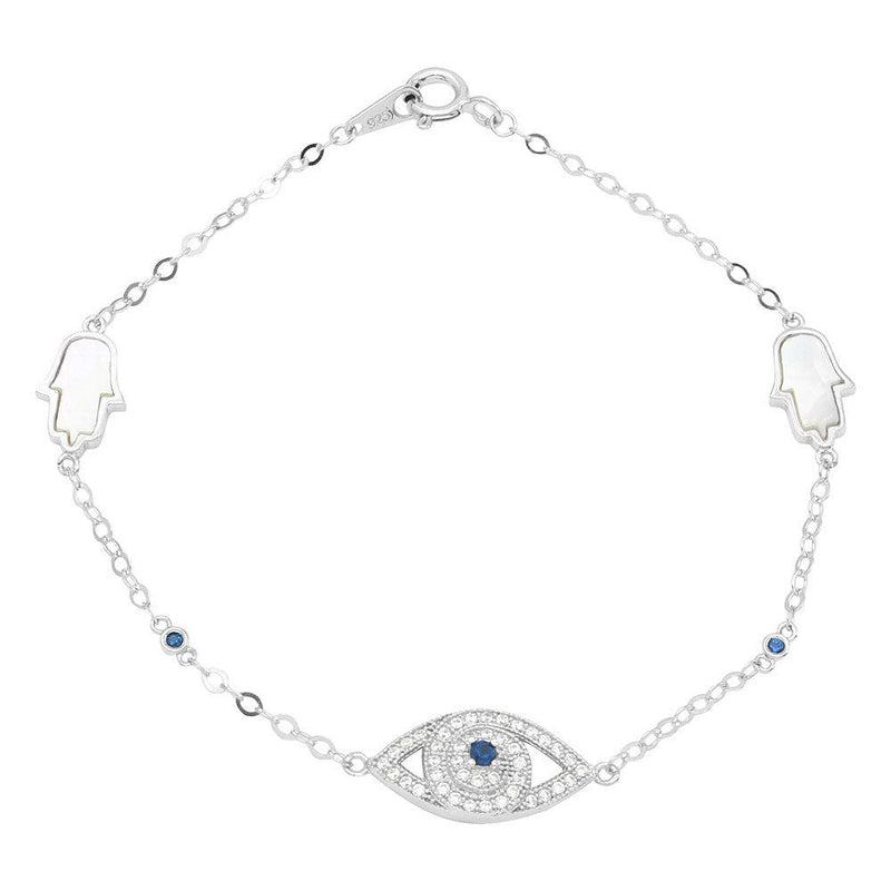 Silver 925 Rhodium CZ Evil Eye and Mother of Pearl Hamsa Bracelet - GMB00048 | Silver Palace Inc.