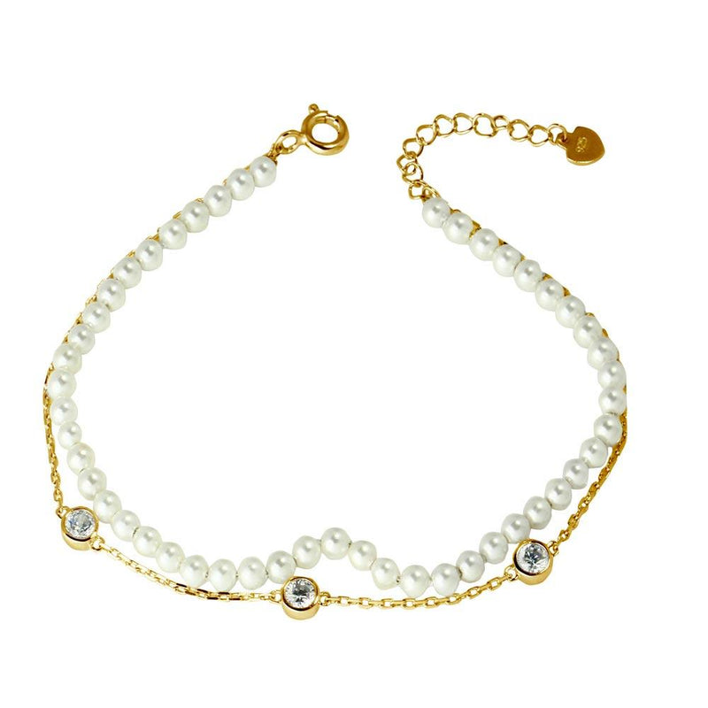 Silver 925 Gold Plated Double Strand Synthetic Pearl with CZ - GMB00054GP | Silver Palace Inc.