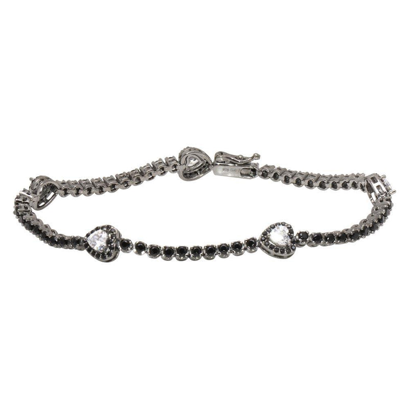 Silver 925 Rhodium Plated Heart Tennis Bracelet with Black and Clear CZ - GMB00057BLK | Silver Palace Inc.