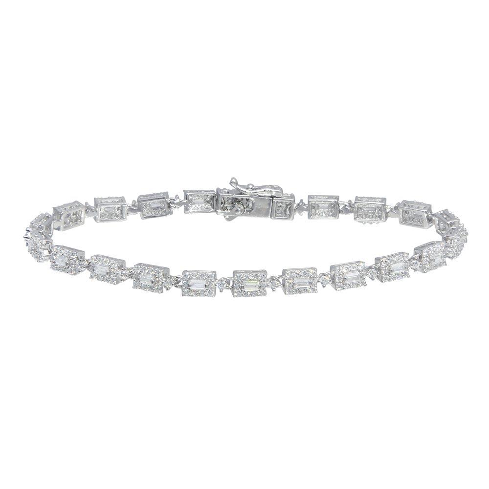 Rhodium Plated 925 Sterling Silver 4mm Square Baguette Center CZ Tennis Bracelet - GMB00065 | Silver Palace Inc.
