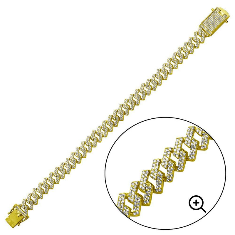 Silver 925 Gold Plated CZ Encrusted Square Miami Cuban Link Bracelet 11.0mm - GMB00076GP | Silver Palace Inc.