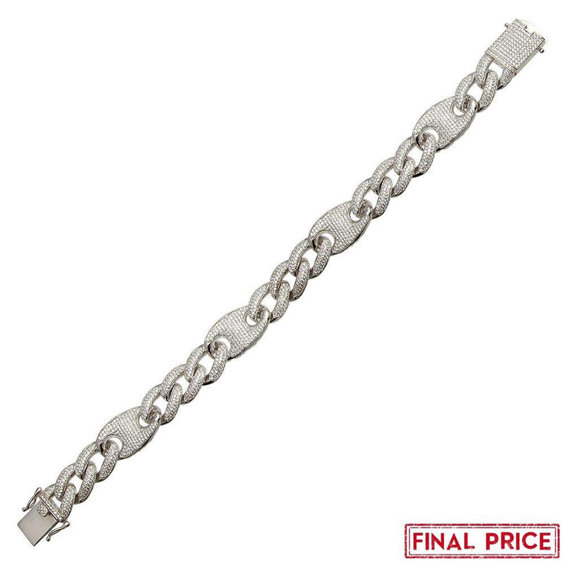 Rhodium Plated 925 Sterling Silver CZ Encrusted Figaro Mariner Bracelet 14.5mm - GMB00077 | Silver Palace Inc.