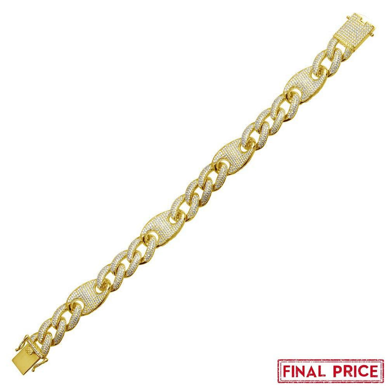 Silver 925 Gold Plated CZ Encrusted Figaro Mariner Bracelet 14.5mm - GMB00077GP | Silver Palace Inc.