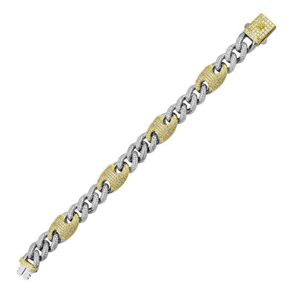 Rhodium Plated 925 Sterling Silver CZ Encrusted Cuban Mariner Link Bracelet 13mm - GMB00093RG | Silver Palace Inc.