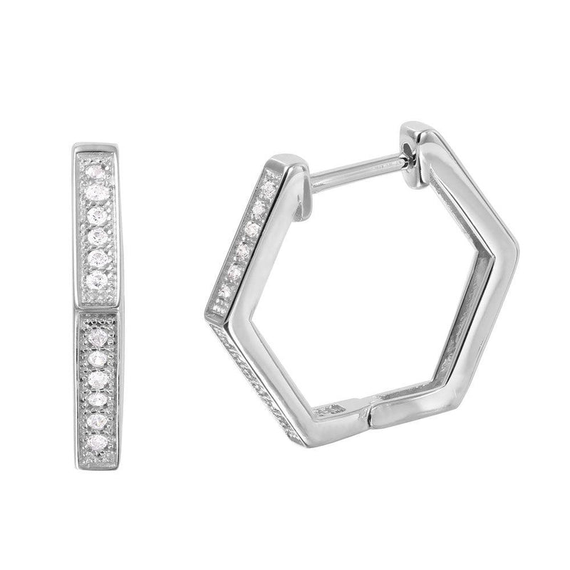 Silver 925 Rhodium Plated Thin Octagon CZ Hoop Earrings - GME00033RH | Silver Palace Inc.