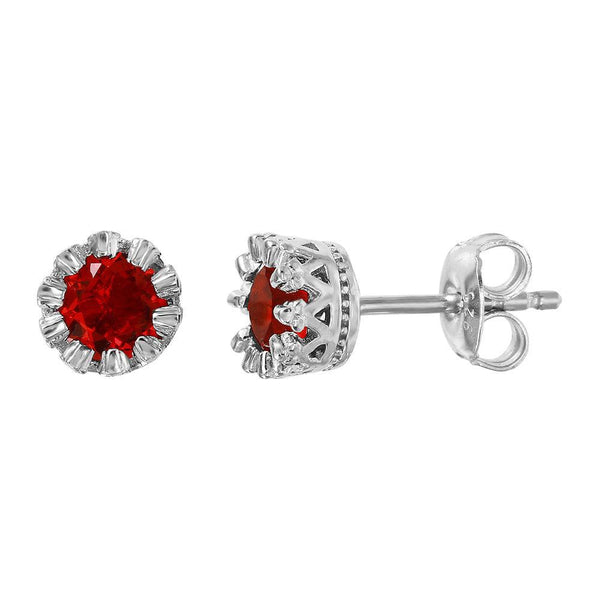 Silver 925 Rhodium Plated Crown Set Studs with Red CZ Stone - GME00034RH-RED | Silver Palace Inc.