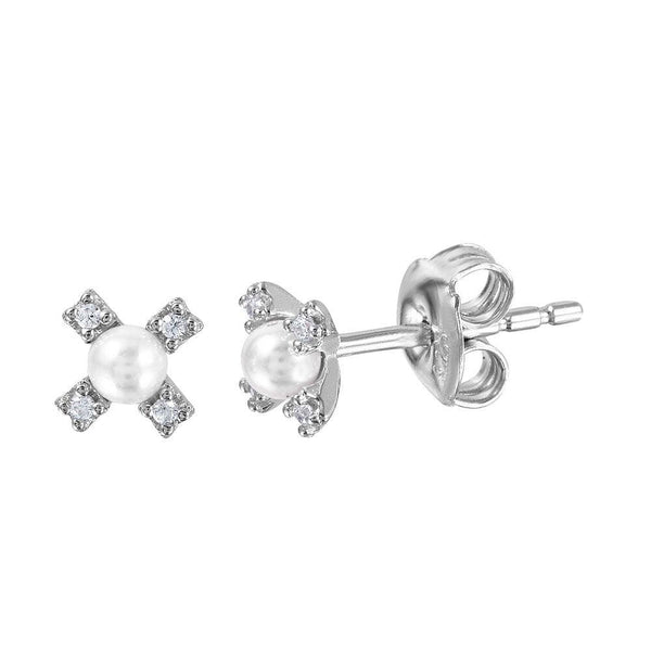 Silver 925 Rhodium Plated CZ Flower Studs with Synthetic Pearl - GME00035RH-WHITE | Silver Palace Inc.