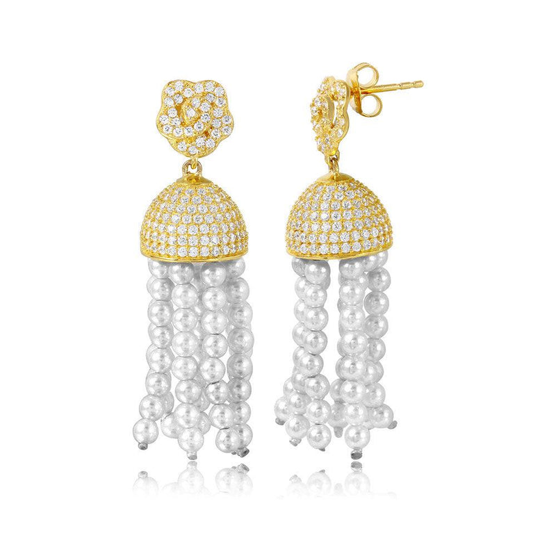Silver 925 Gold Plated Flower with Hanging CZ Dome and Synthetic Pearl Strands Earrings - GME00043GP | Silver Palace Inc.