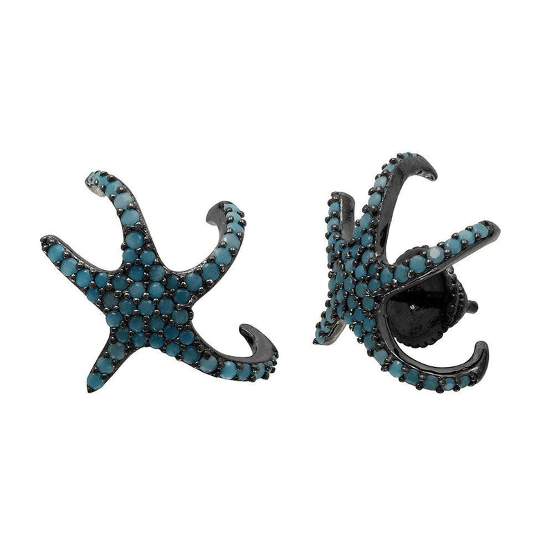Silver 925 Black Rhodium Plated Hugging CZ Starfish With Turquoise Stones Earrings - GME00045BLK-T | Silver Palace Inc.