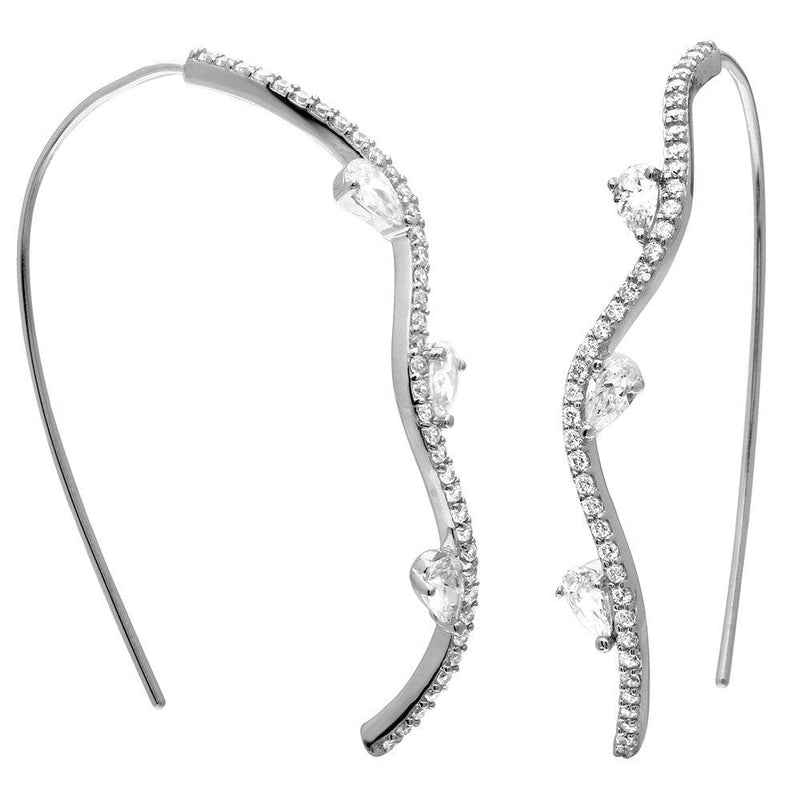 Silver 925 Rhodium Plated CZ Wave Drop Earrings - GME00056RH | Silver Palace Inc.