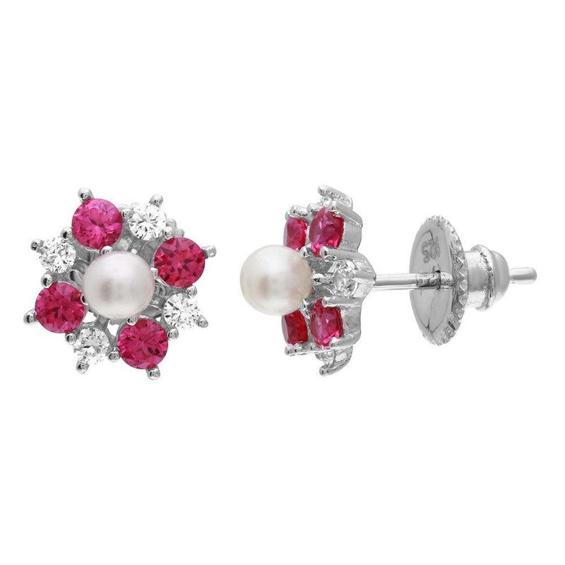 Silver 925 Rhodium Plated Red CZ Flower Earrings with Center Fresh Water Pearl - GME00065RED | Silver Palace Inc.