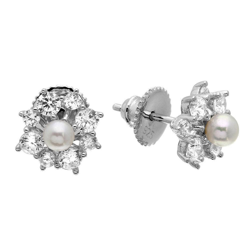 Silver 925 Rhodium Plated Clear CZ Flower Earrings with Center Fresh Water Pearl - GME00065RH-WHITE | Silver Palace Inc.