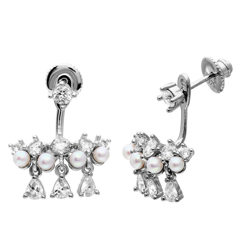 Silver 925 Rhodium Plated Chandelier CZ and Fresh Water Pearl Dangling Earrings - GME00068RH | Silver Palace Inc.