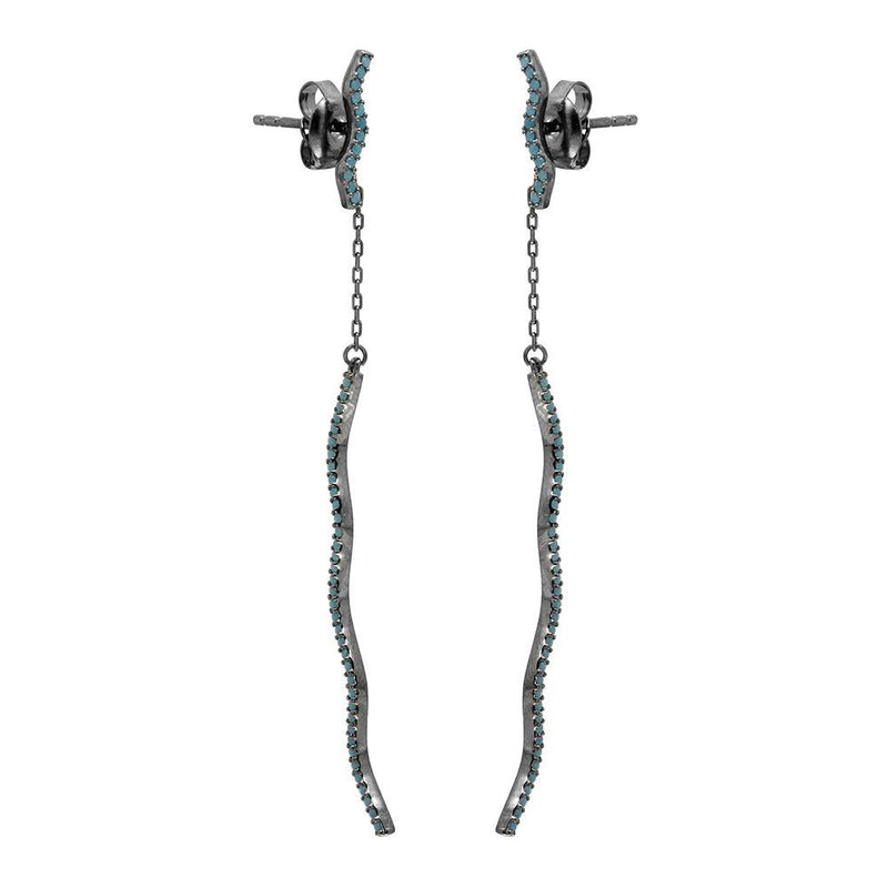 Silver 925 Black Rhodium Hanging Wavy Turquoise Stones Drop Earrings - GME00083BLK | Silver Palace Inc.