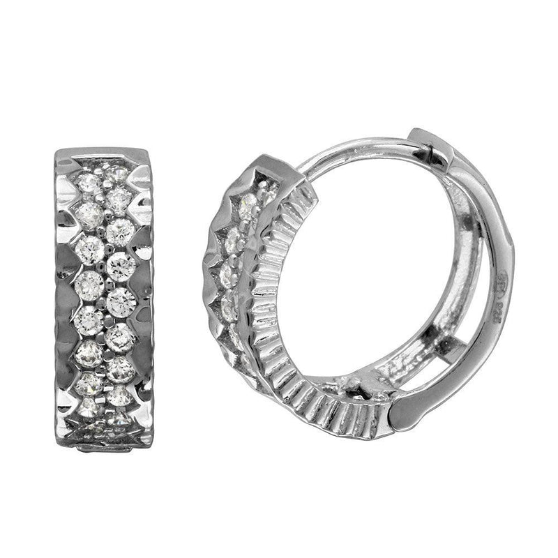 Silver 925 Rhodium Plated 2 Row CZ Bordered huggie hoop Earrings - GME00084 | Silver Palace Inc.