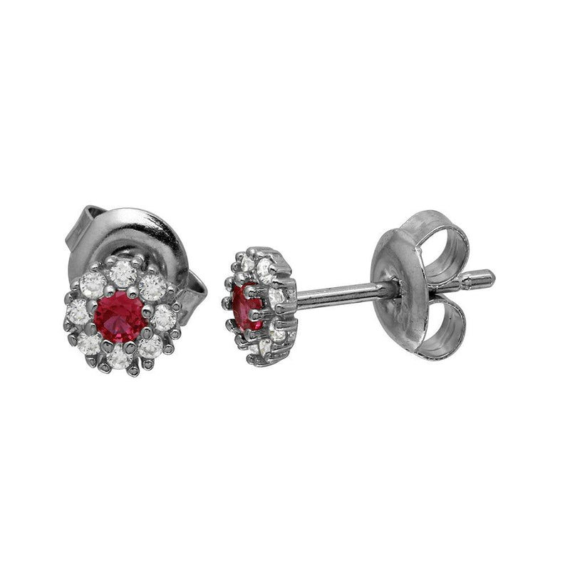 Silver 925 Rhodium Plated CZ Flower Stud Earring with Red Center Stone - GME00089RH | Silver Palace Inc.