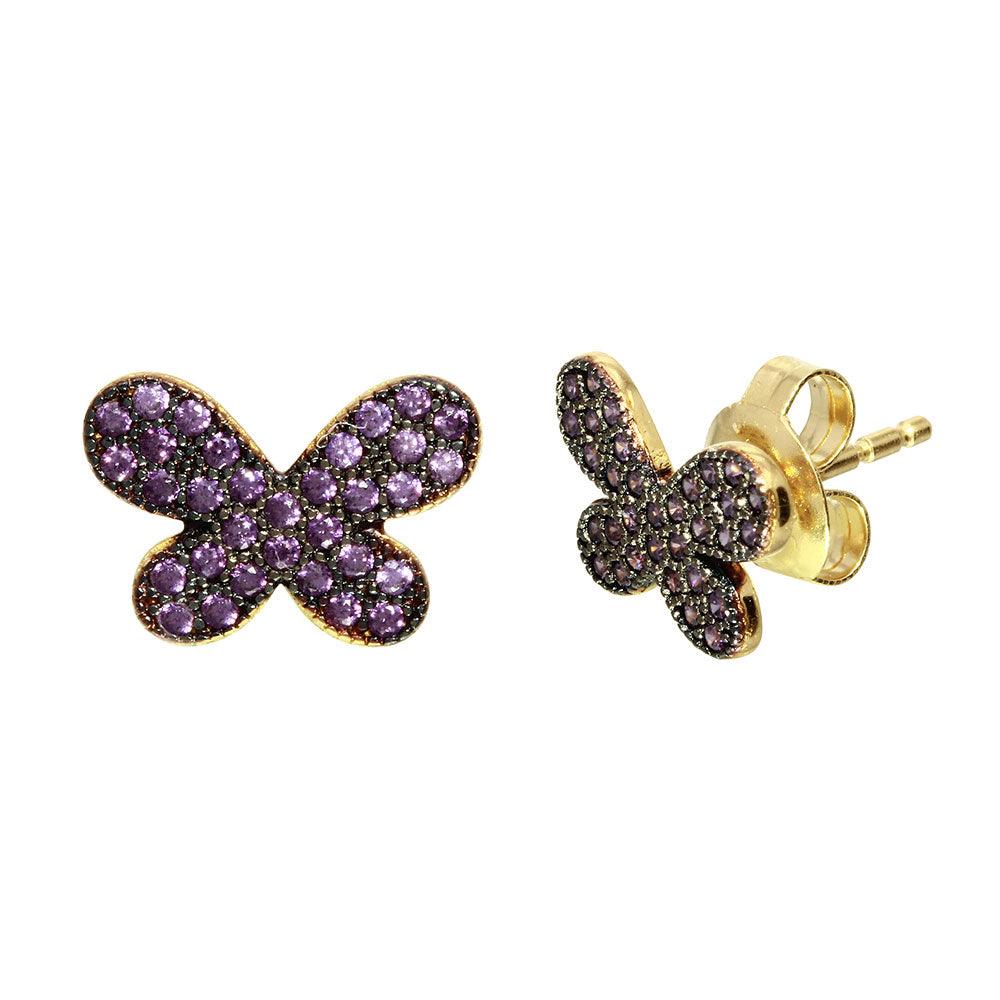 Silver 925 Gold Plated Butterfly Studs Earrings with Purple CZ Stones - GME00097GB | Silver Palace Inc.
