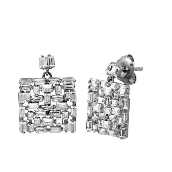 Silver 925 Rhodium Plated Square Multi Baguette CZ Dangling Earrings - GME00099 | Silver Palace Inc.