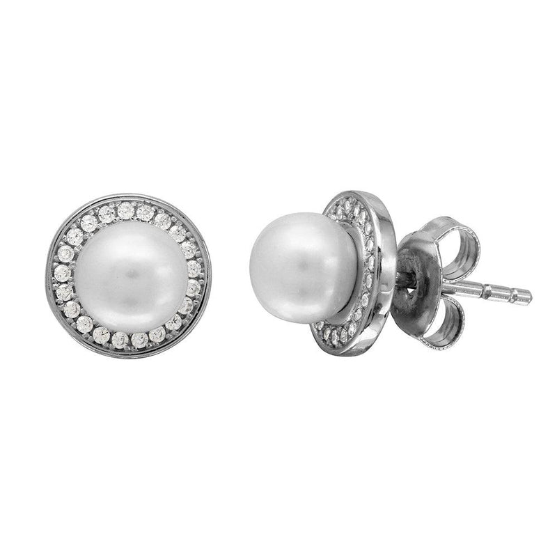 Silver 925 Rhodium Plated Halo CZ Stud Earrings with Fresh Water Center Pearl - GME00101 | Silver Palace Inc.