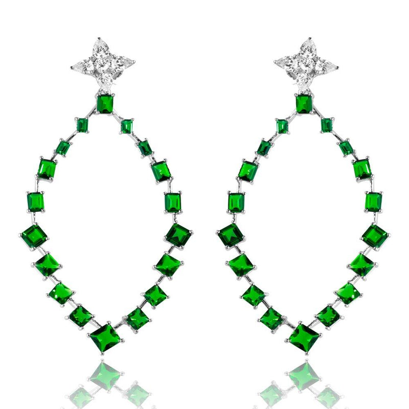 Silver 925 Rhodium Plated Dangling Teardrop Earrings with CZ - GME00102RH-GREEN | Silver Palace Inc.