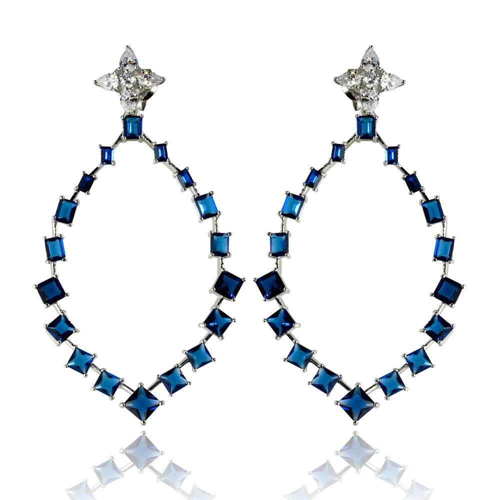 Silver 925 Rhodium Plated Dangling Teardrop Earrings with CZ - GME00102RH-BLU | Silver Palace Inc.