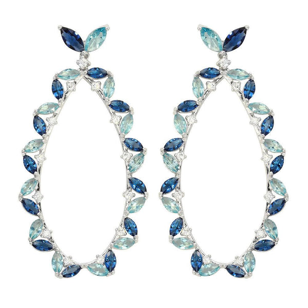 Silver 925 Rhodium Plated Blue CZ Hanging Oval Earrings - GME00103RH-BLU | Silver Palace Inc.