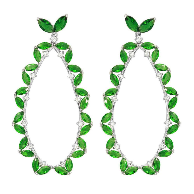 Silver 925 Rhodium Plated Green CZ Hanging Oval Earrings - GME00103RH-GREEN | Silver Palace Inc.